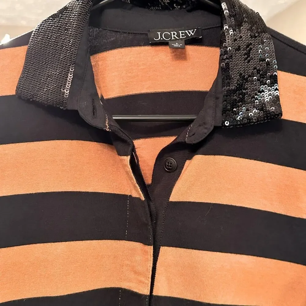 J. Crew Orange and Black Striped Sequin Rugby Shirt Polo Orange Black SZ Small